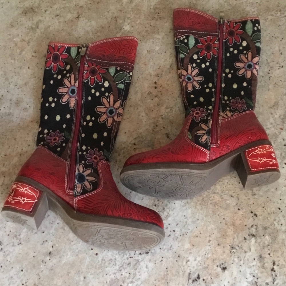 NEW Socofy Red Black Floral Boho Textile Tapestry Leather Tall Boots - Picture 12 of 13